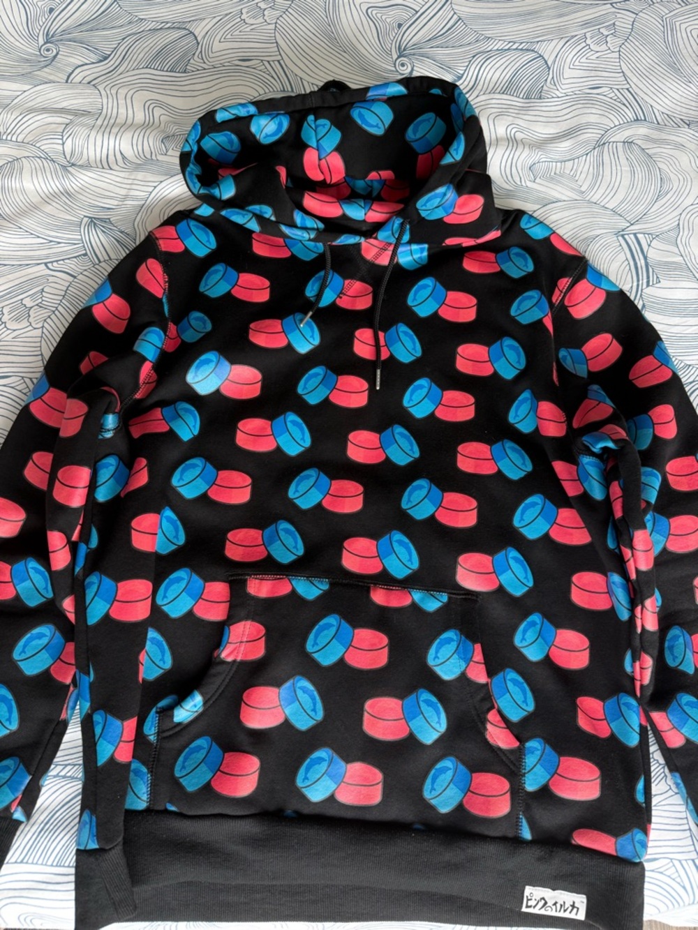 Pink Dolphin Black Hoodie with Blue & Red Graphic